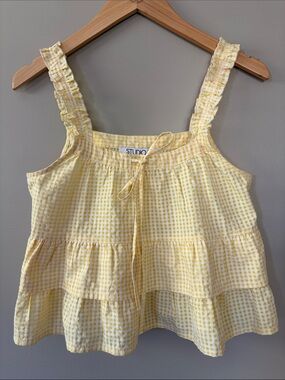 Studio‎ 19 Boho Cottagecore Gingham Tiered Tank Top Babydoll Yellow White XS Y2K
